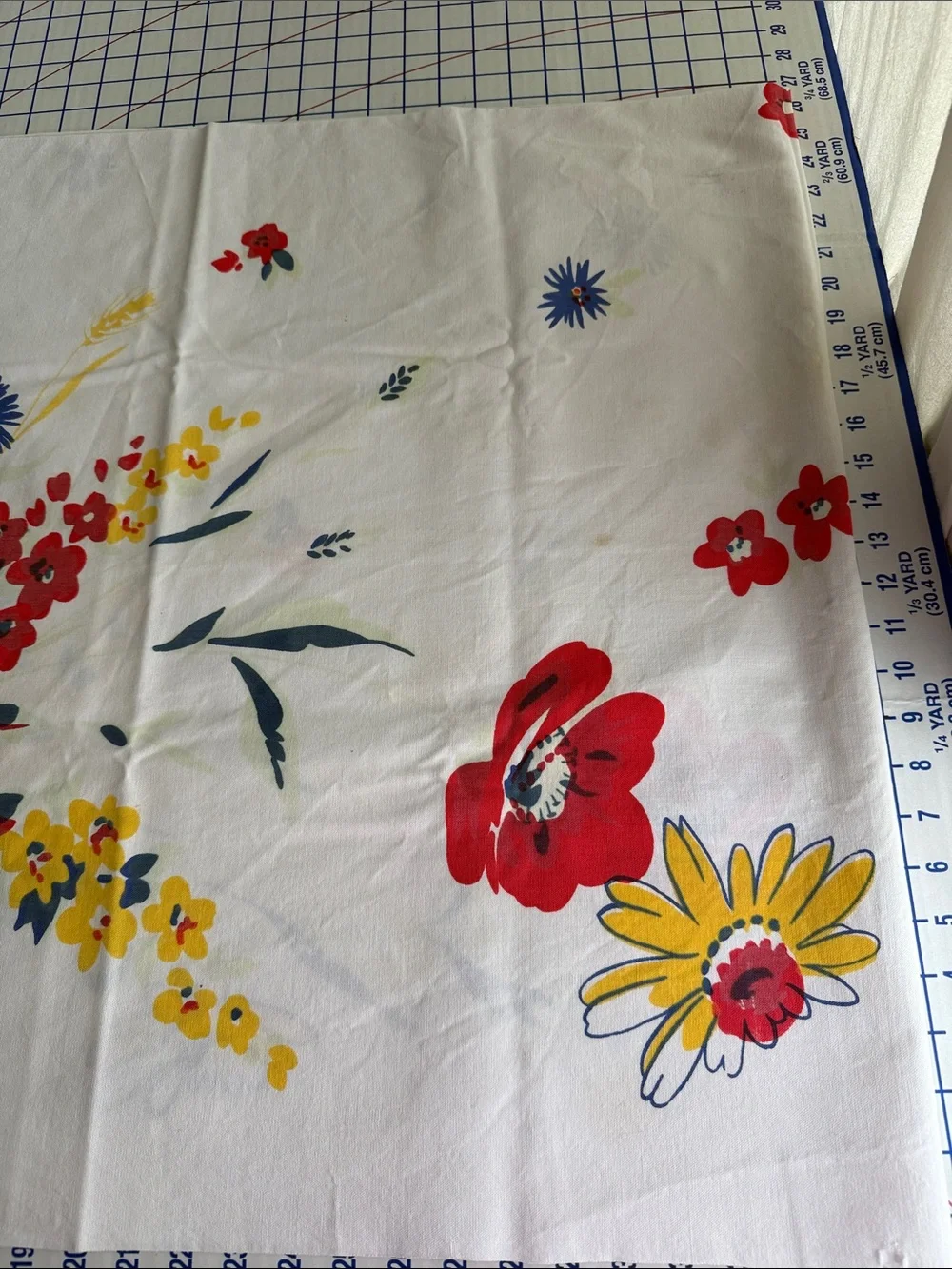 Vintage 50s Floral Tablecloth 64 x 52 Red Yellow Blue Cotton Kitchen Linen